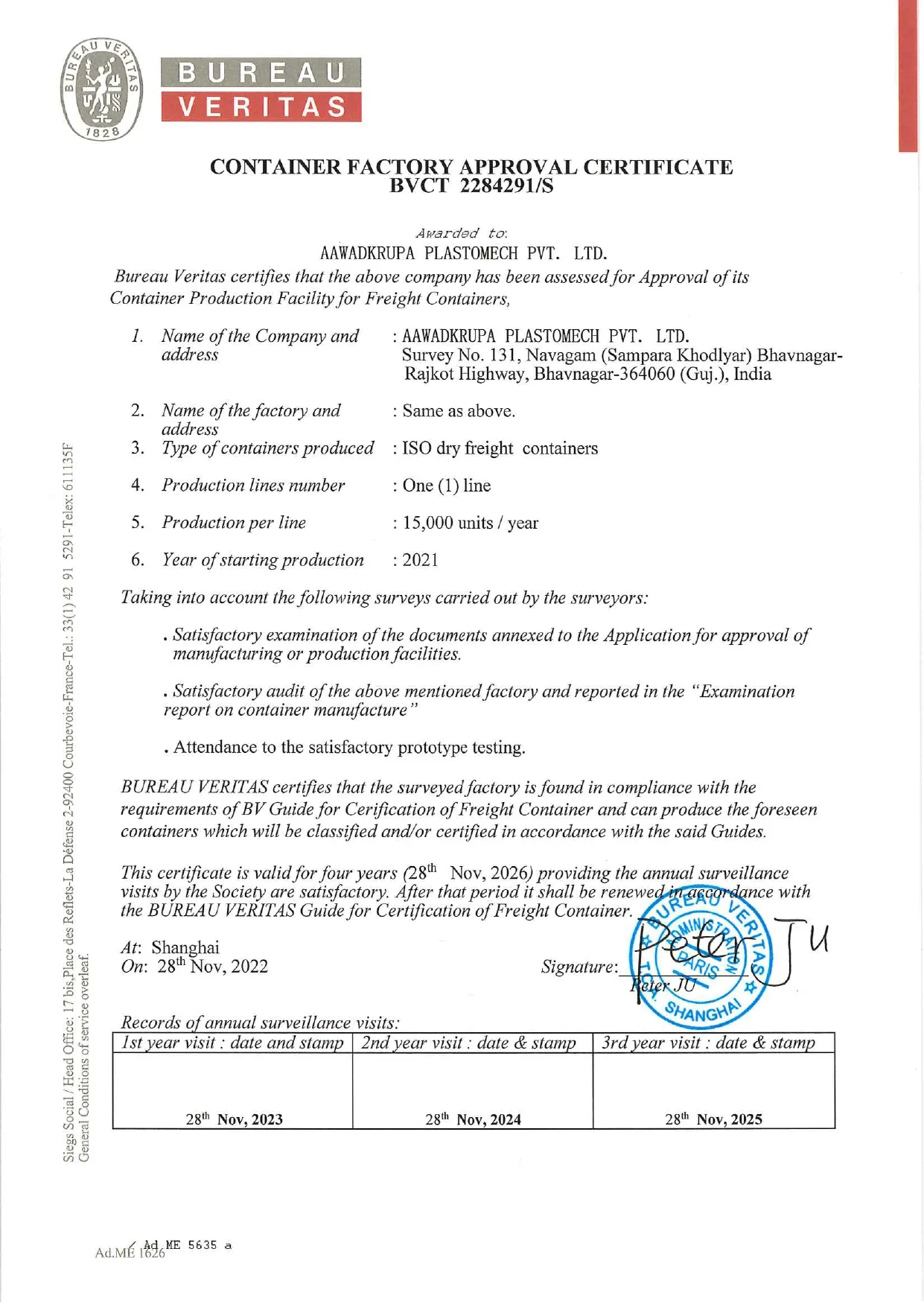 BV Certificate for factory approval